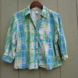 Chritopher & Banks Shirt Women's XL Button Up Linen‎ Green Blue 3/4 sleeve Boho